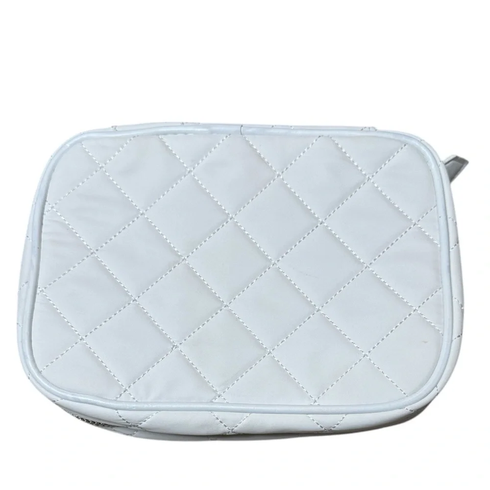Trish McEvoy White Quilted Zip-Around Makeup Bag Travel Cosmetic Case